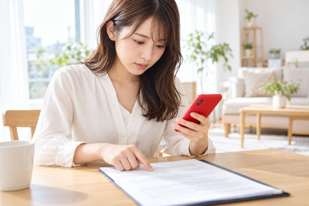 20代の女性がテーブルで賃貸契約書の原状回復の欄を指でなぞりながら、内容をスマホにメモしている