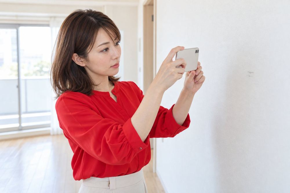 30代の女性が部屋の壁をスマホで撮影して入居時の状態を記録している