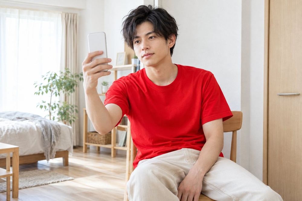 20代の男性がワンルームの一角に椅子を置き、スマホの画面で後ろに映る範囲を確かめている