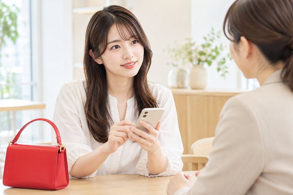 20代の女性が机でスマホを見ながら、落ち着いた表情で誰かと相談している