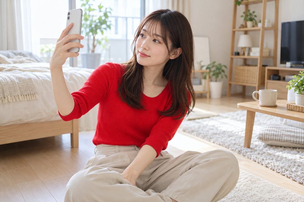 20代の女性がワンルームの床に座り、スマホを構えて部屋のあちこちの方向を順に映して見比べている