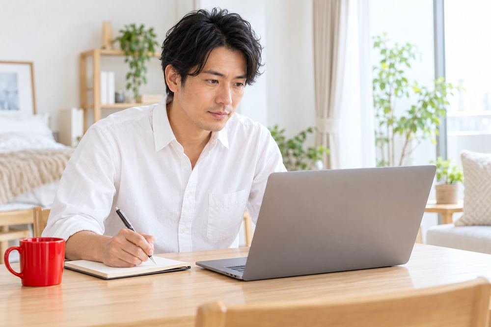 30代の男性がテーブルでノートパソコンを開き、公式ページの内容を読みながら確かめたことを書き留めている