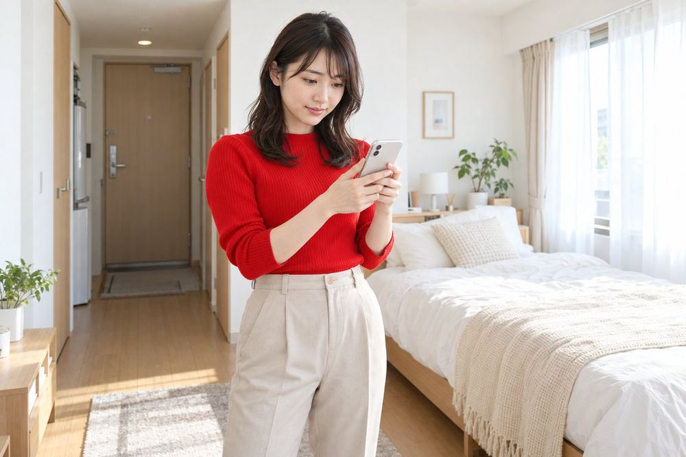 20代の女性がワンルームの真ん中に立ち、スマホで壁・窓・玄関・ベッドの方向を順に撮影して見比べている