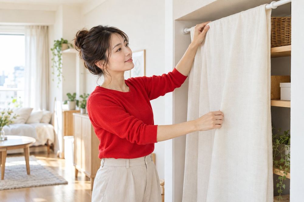 30代の女性がワンルームの一角で、つっぱり棒に無地の布を掛けて、後ろの収納を隠している