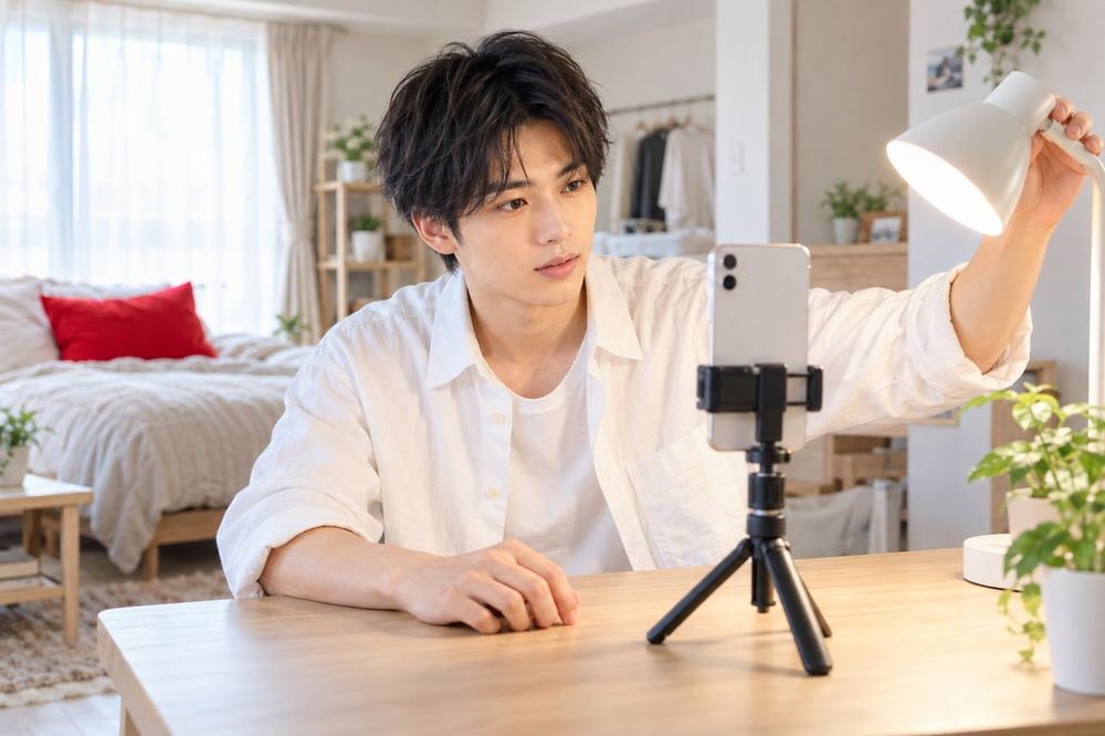 20代の男性がワンルームの机の前で、スマホを三脚に立て、卓上ライトの向きを変えて顔の明るさを確かめている