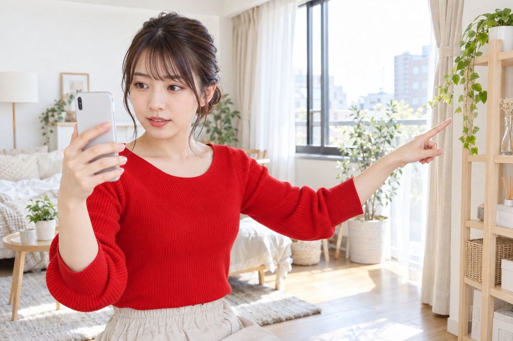 20代の女性が配信前に、スマホの画面を見ながら背景の端に映る窓や棚を一つずつ指で確かめている