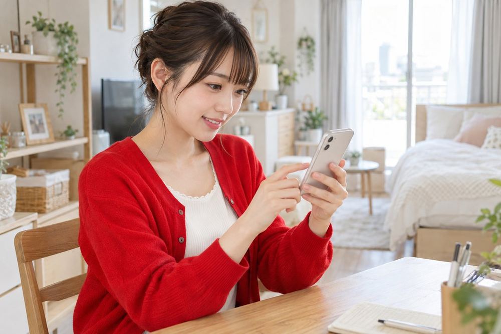 20代の女性がワンルームの机でスマホのメッセージ画面を見ながら、部屋の写真を誰かに送って相談している