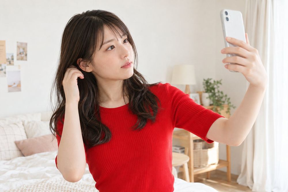 20代の女性が自分の部屋の壁を背にして、スマホのカメラに映る範囲を確かめながら、画面の端まで見ている