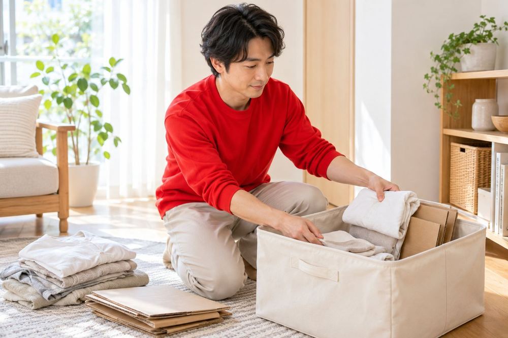 30代の男性が部屋の隅で、画面に映りそうな段ボールや洗濯物を、収納ボックスにまとめて入れている