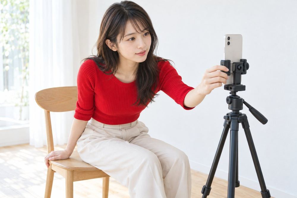 20代の女性が椅子に座り、スマホを三脚に立てて、画面の枠に映る壁と自分の位置を何度も調整している