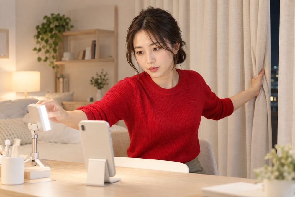30代の女性が夜の部屋でカーテンを閉め、ライトの位置を少しずつ動かして顔と背景の明るさを確かめている