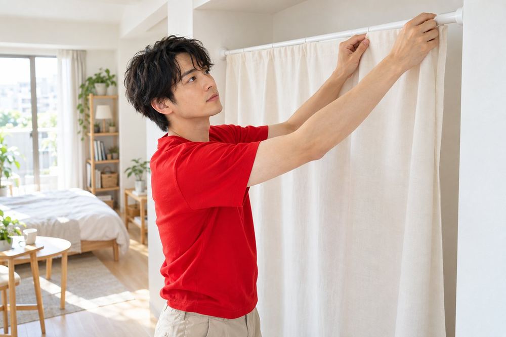20代の男性がワンルームの壁際に、つっぱり棒を使って無地の布を取り付けている