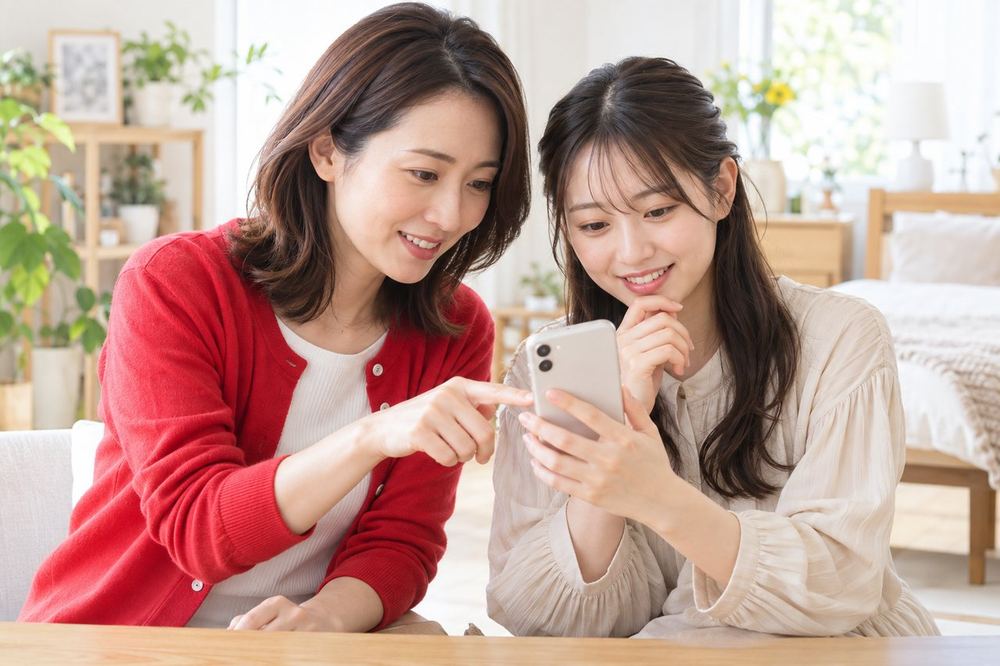 30代の女性が明るい部屋で、20代の女性のスマホ画面に映る背景を一緒に見ながら、相談に乗っている
