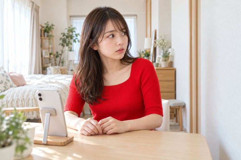 20代の女性が自宅の部屋でスマホを立てて座り、隣室に面した壁のほうをちらりと見ながら声の大きさを気にしている