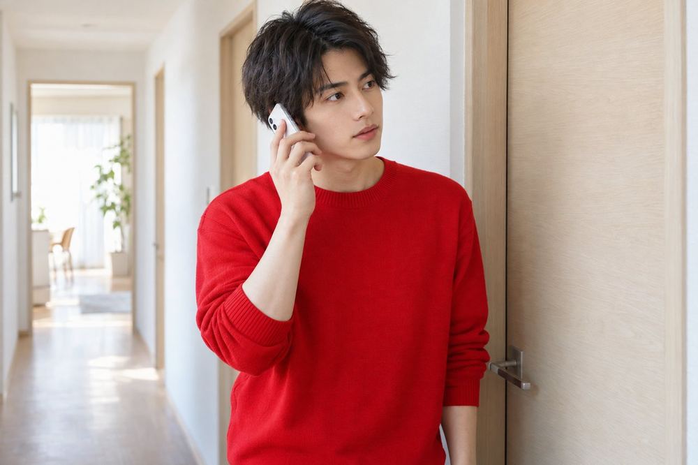 20代の男性が部屋のドアの外の廊下に立ち、スマホで録音した自分の声を耳に当てて確かめている