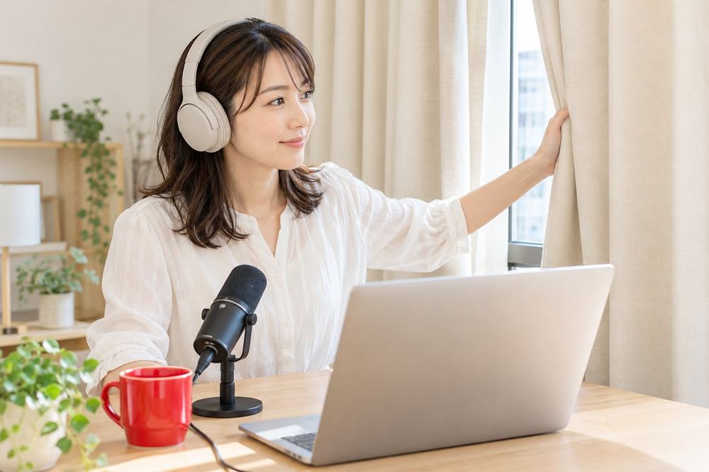 30代の女性が窓を閉めて厚手のカーテンを引き、ヘッドホンをつけて机の前で配信の準備をしている