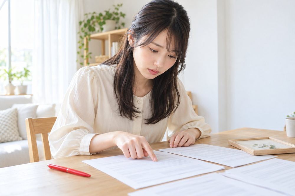 20代の女性が賃貸契約書の控えを机に広げ、壁に貼る前に禁止されていることを一行ずつ確かめている