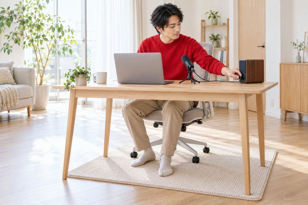 30代の男性が机の前に座り、足元にマットを敷いてスピーカーの音量を下げながら配信の準備をしている