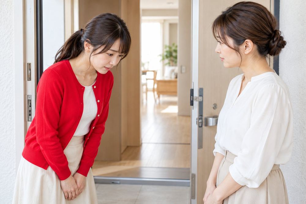 20代の女性が玄関先で隣の住人と向かい合い、申し訳なさそうに頭を下げて丁寧に話をしている
