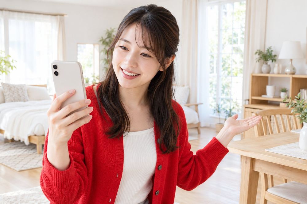 20代の女性が明るい部屋でスマホを手に、画面越しにマネージャー役の人と部屋の準備について相談している