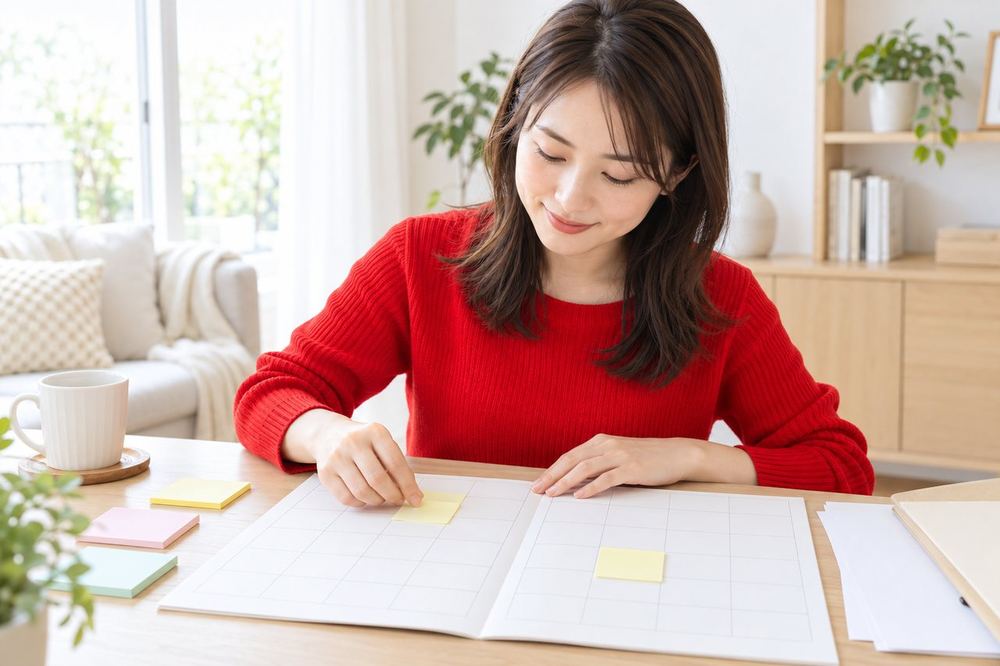 明るい部屋で、女性がカレンダーを机に広げて、付箋を貼りながらお金の手続きの時期を整理している