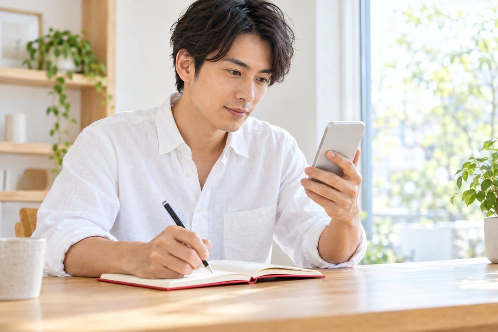 窓際の机で、男性がスマホの報酬画面とノートを見比べて、日付ごとに金額を書き写している
