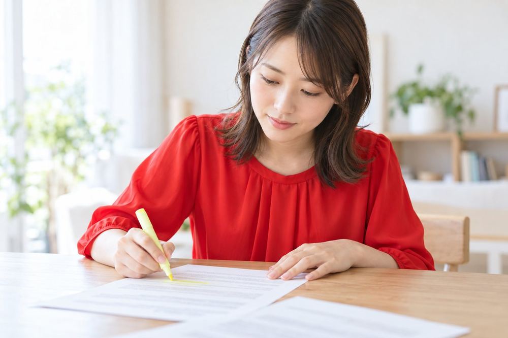 机で若い女性が、国税庁の資料を印刷した紙に蛍光ペンで線を引きながら、時期の説明を読んでいる