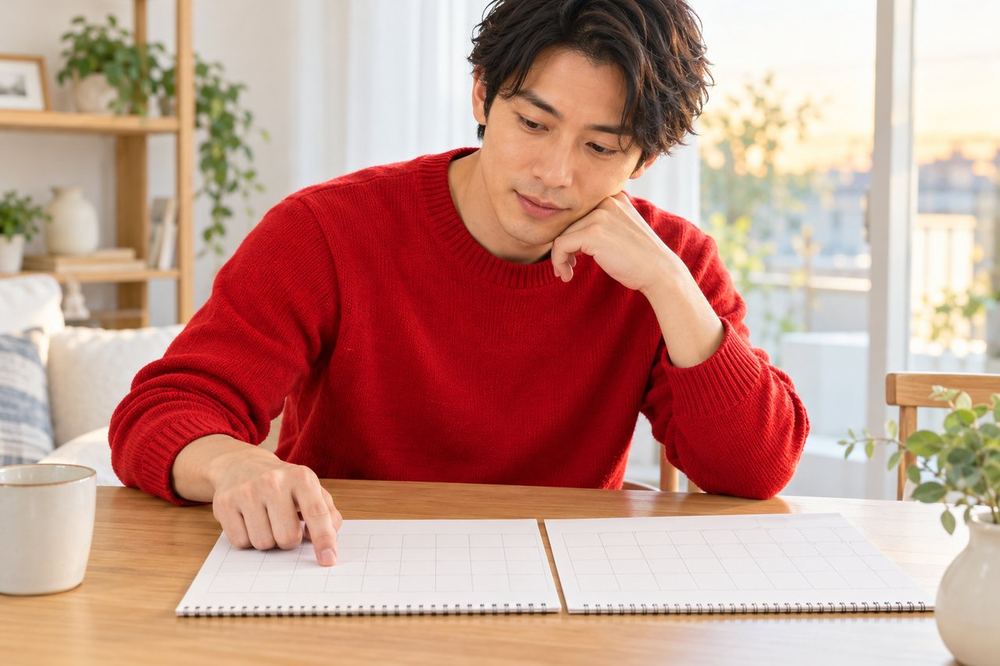 夕方の部屋で、男性が12月と1月のカレンダーを並べ、入金の日付を指でなぞって確かめている