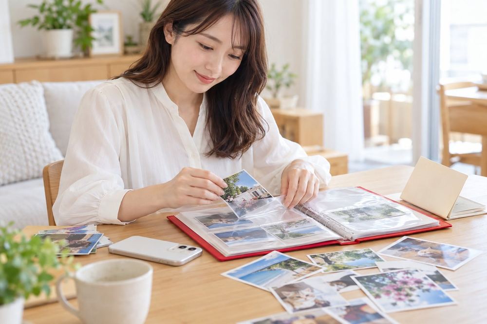 机で女性が、スマホの画面を保存した写真と通帳を並べて、ファイルに順番に整理している