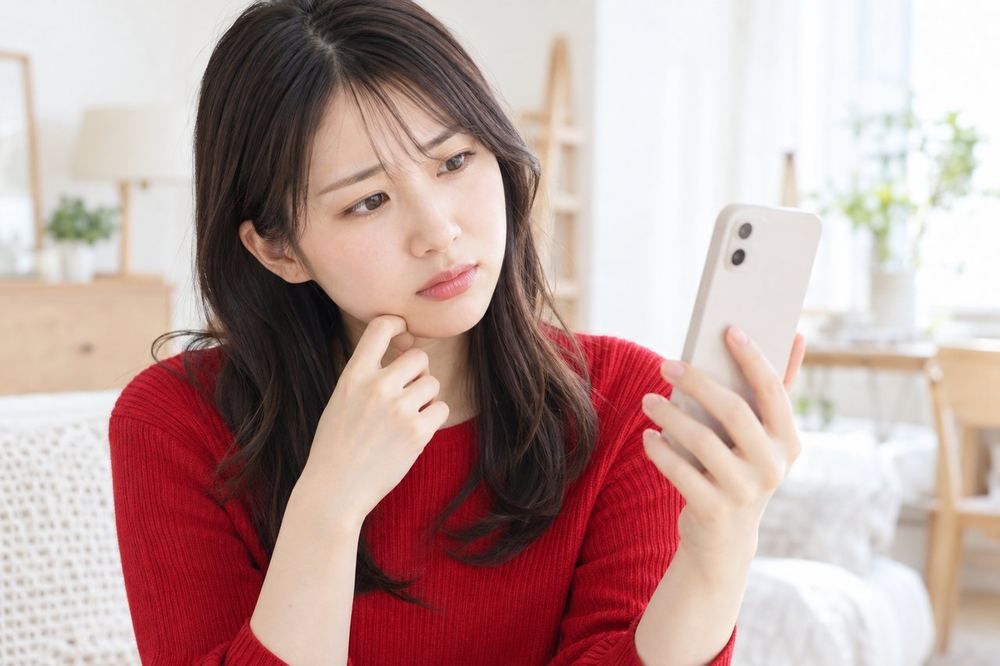 スマホの画面に映る自分の顔の暗さを見て、首をかしげている20代の女性