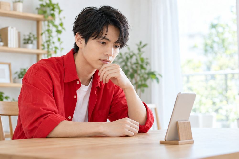 スマホを机に立てかけて、試しに撮った自分の映像を見返している20代の男性