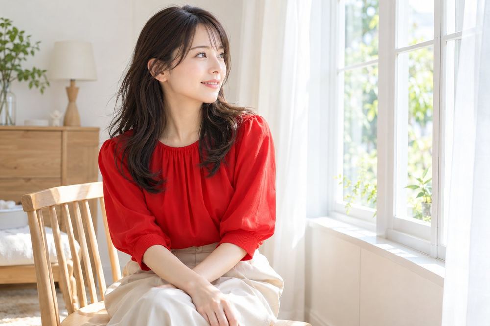 カーテンを開けた窓のそばに椅子を置き、窓の方を向いて座る20代の女性