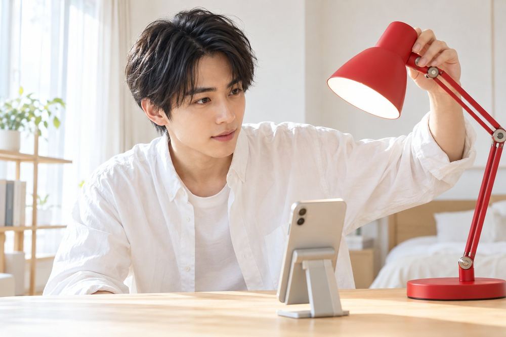 机の上のライトの位置と角度を変えながら、スマホに映る顔の明るさを確かめている20代の男性