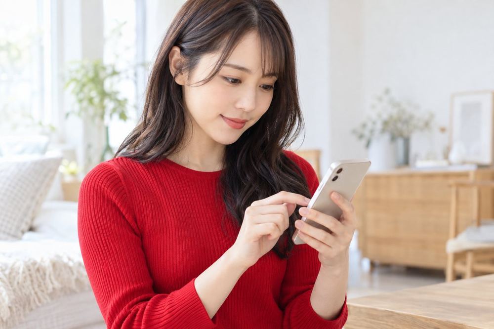 スマホの画面を指でなぞりながら、配信前の設定画面を確かめている20代の女性