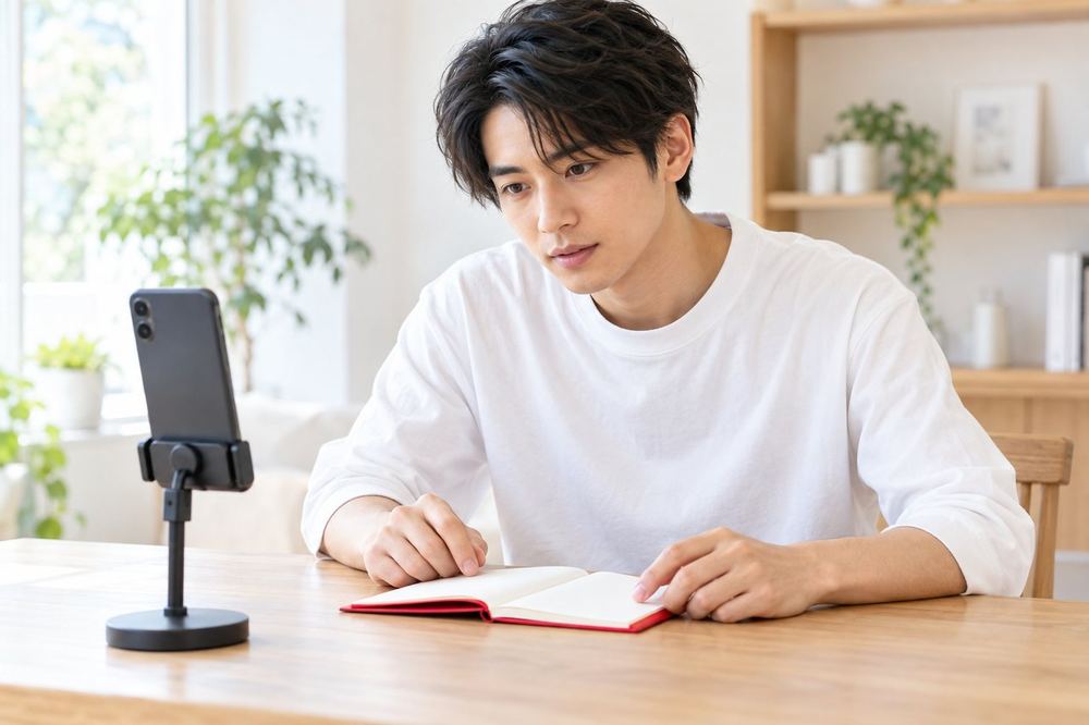 机の前に座り、スマホのカメラ映像と手元のメモを見比べて配信前の準備をしている20代の男性