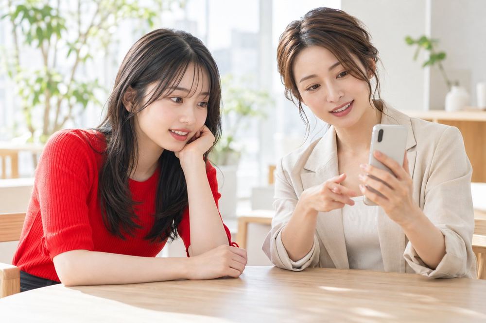 明るい打ち合わせスペースで、スマホの映り方についてマネージャーと話す20代の女性