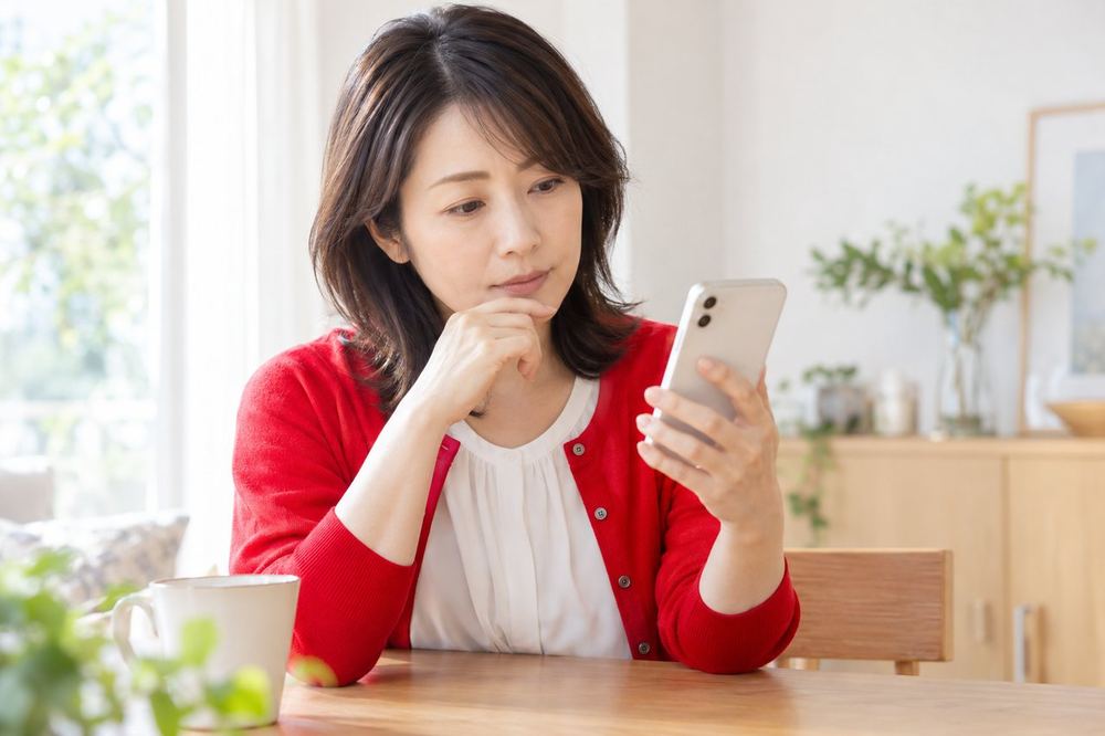 40代の女性が自宅のダイニングテーブルでスマホを手に、公式ページの条件の項目を読んでいる