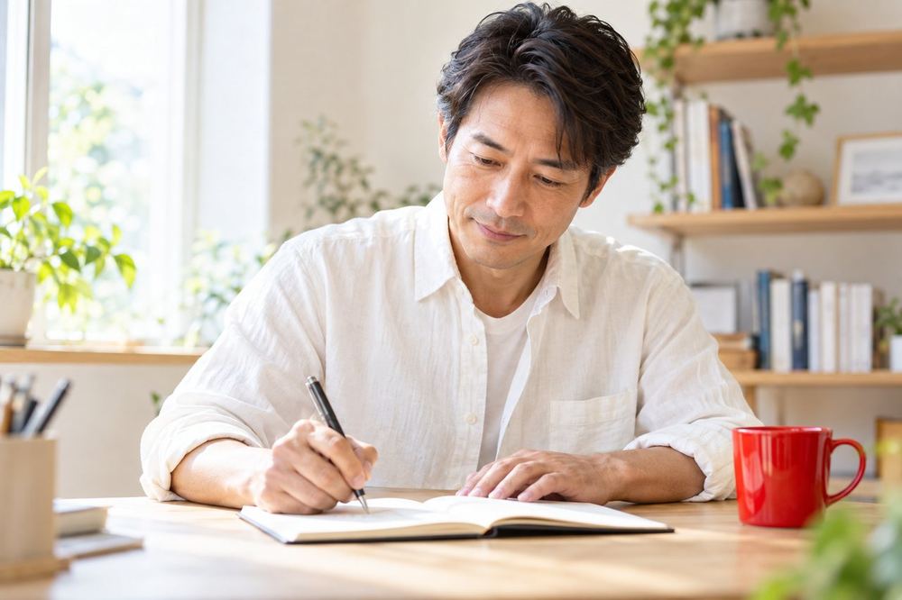 40代の男性が自宅の書斎の机で、ノートに自分が不安に思うことを項目ごとに書き出している