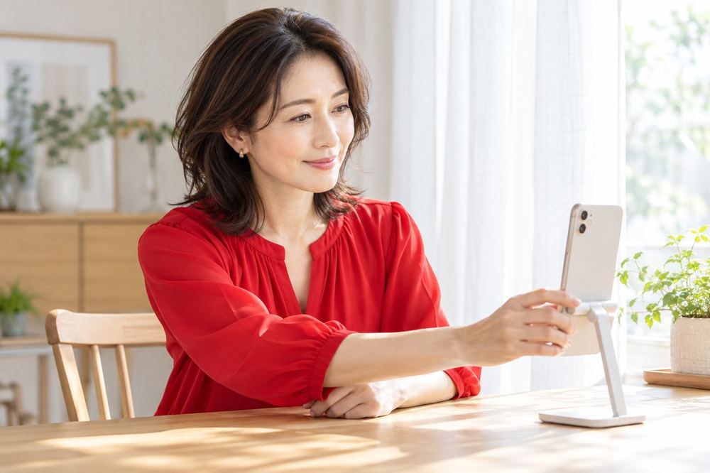 40代の女性が部屋の窓際でスマホを立て、カメラに映る自分の顔の明るさを調整している