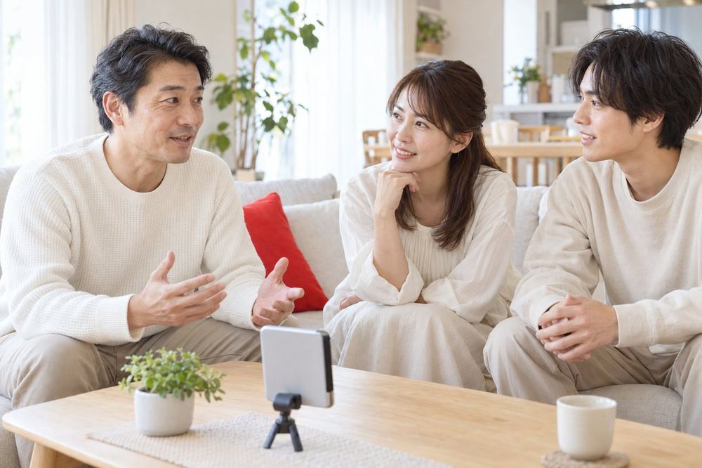 40代の男性が自宅のリビングで、家族と向かい合って、配信を始めることについて話している
