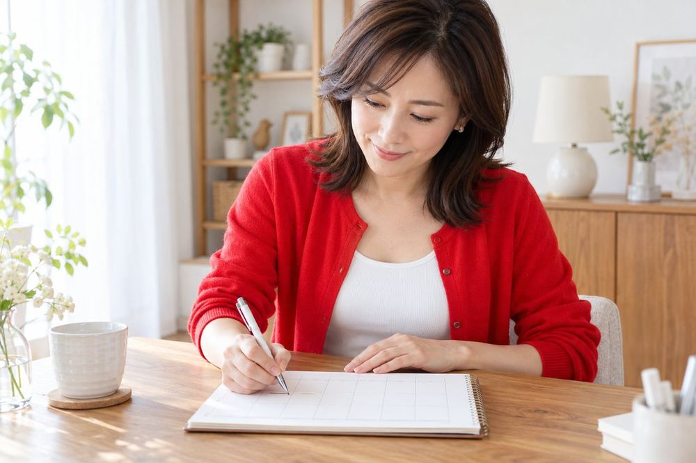 40代の女性が自宅の机で、1週間の予定表を見ながら配信する曜日と時間を書き込んでいる