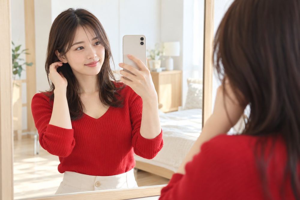 女性が鏡の前で、スマホのカメラに映る自分の顔の範囲を確かめている