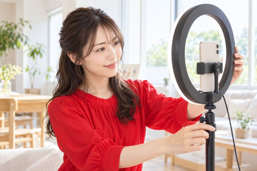女性が窓際でリングライトの位置を調整し、スマホの画面で顔の明るさを確認している