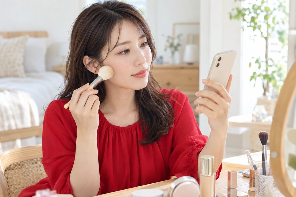 女性が化粧台の前で、スマホの画面を見ながらメイクの濃さを確認している