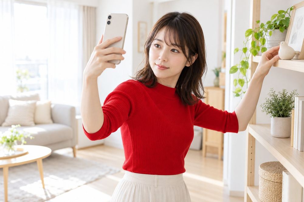 女性が部屋の背景に映るものを、スマホのカメラで一つずつ確かめている