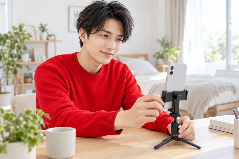 男性が部屋の机で、スマホを立てて初配信の準備をしている