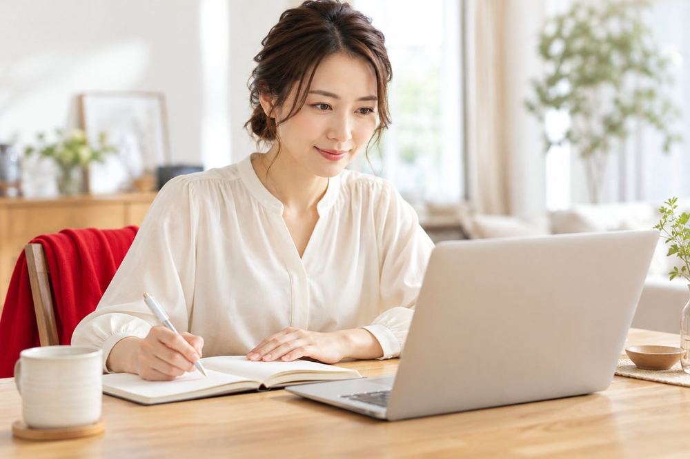 30代の女性がテーブルでパソコンを開き、公式のページを読みながらノートに安全に関する項目を書き出している