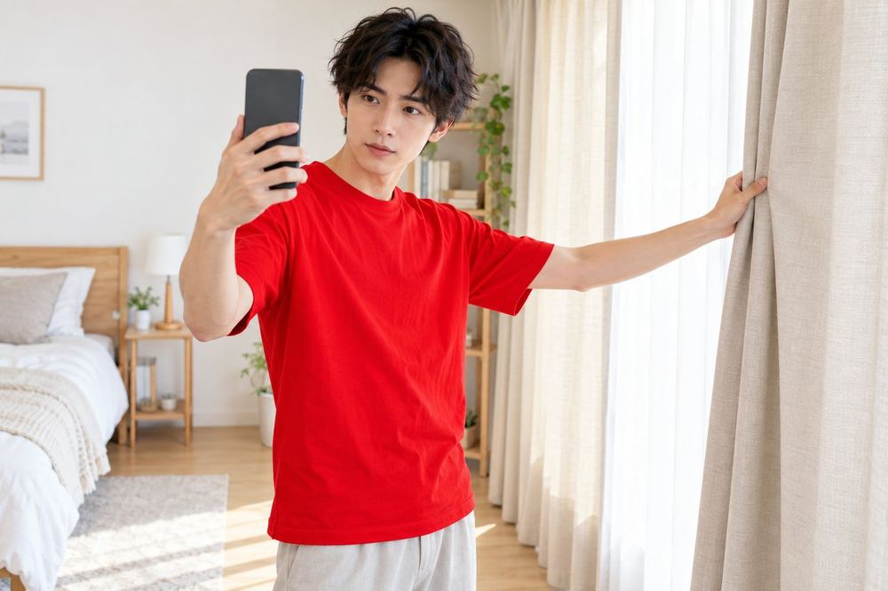 20代の男性が自分の部屋で窓のカーテンを閉め、スマホのカメラに映る背景を確認している