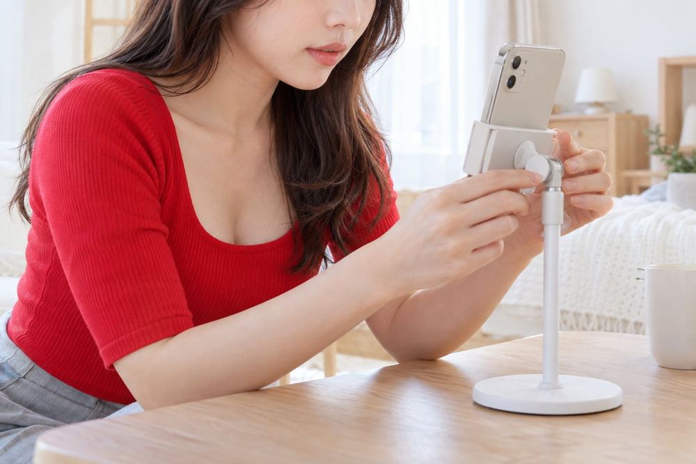 20代の女性が部屋でスマホをスタンドに立て、手元と口元だけが映る位置にカメラを調整している