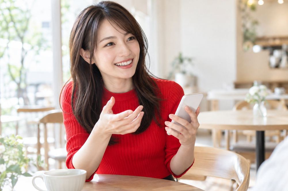 20代の女性がカフェの席でスマホを手に、笑顔で誰かと話している